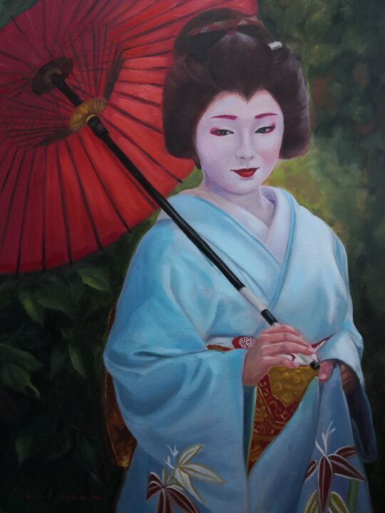 Painting titled "Geisha in kimono wi…" by Jane Lantsman, Original Artwork, Oil