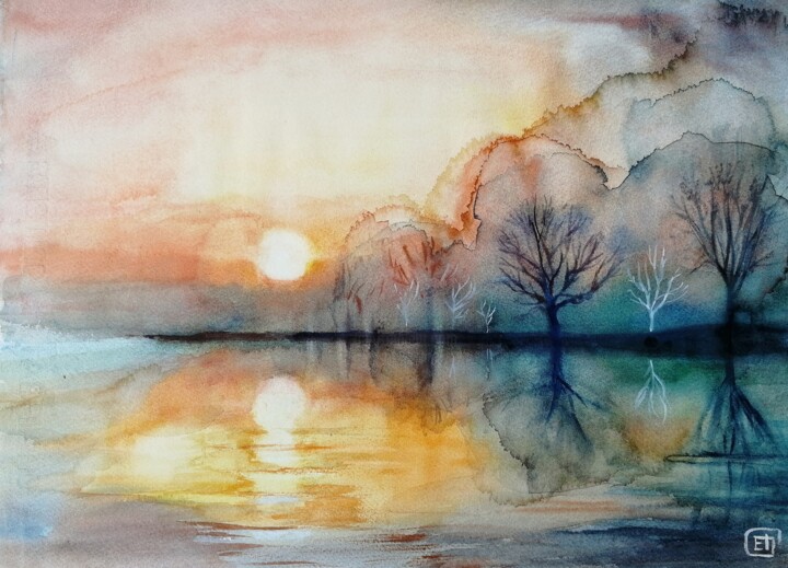 Peinture intitulée ""Sunset Lake landsc…" par Jane Skuratova, Œuvre d'art originale, Aquarelle