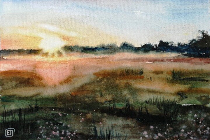 Картина под названием ""Field at sunset" o…" - Jane Skuratova, Подлинное произведение искусства, Акварель