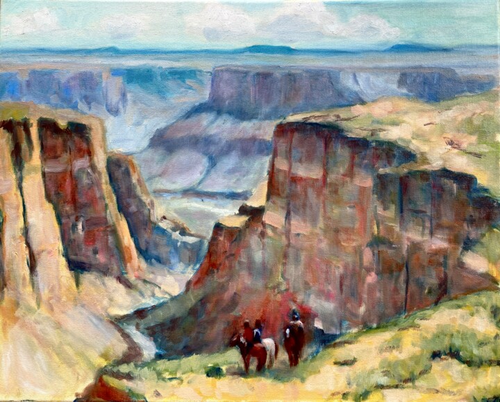 Painting titled "Riders Overlooking…" by Jane Wong, Original Artwork, Oil Mounted on Wood Stretcher frame