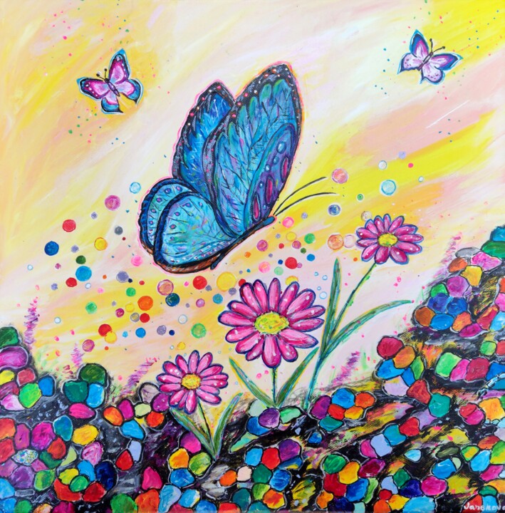 Painting titled "Butterflies attact…" by Kristina Janekova, Original Artwork, Acrylic Mounted on Wood Stretcher frame