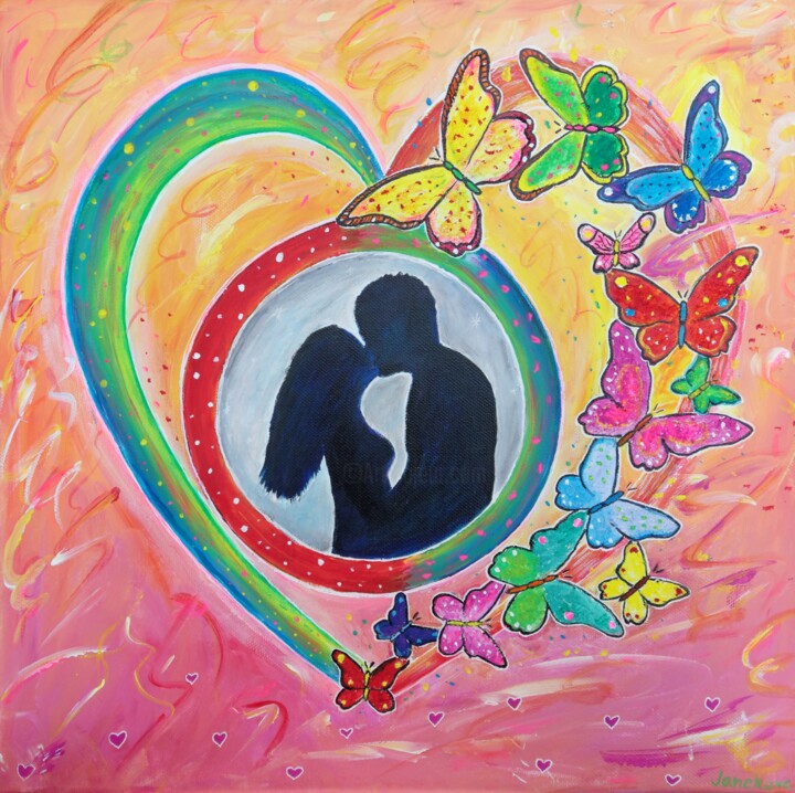 Painting titled "Love gives us wings…" by Kristina Janekova, Original Artwork, Acrylic Mounted on Wood Stretcher frame