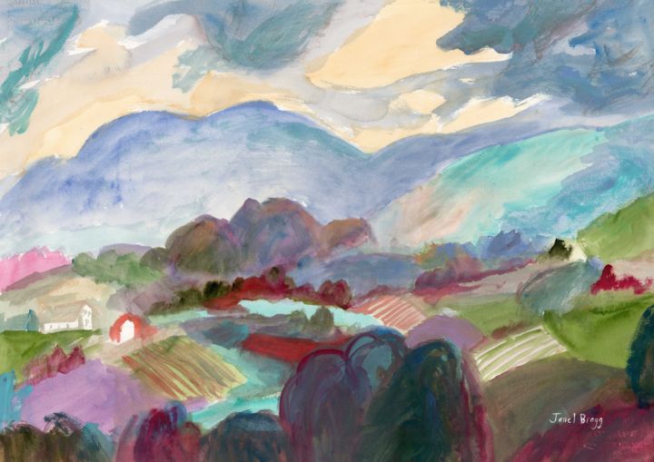 「Landscape with Hill…」というタイトルの絵画 Janel Braggによって, オリジナルのアートワーク, 水彩画