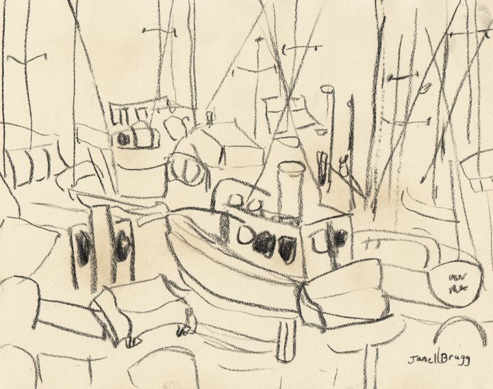 Drawing titled "Boats in Anacortes…" by Janel Bragg, Original Artwork, Charcoal