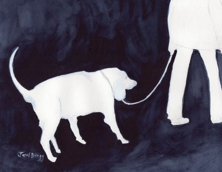 Pintura titulada "Man Walking His Dog…" por Janel Bragg, Obra de arte original, Acuarela
