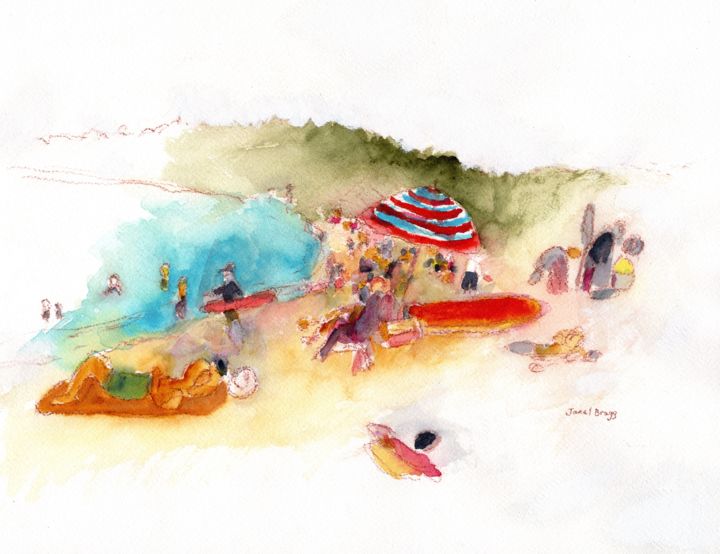 Painting titled "Beach Sunbathers an…" by Janel Bragg, Original Artwork, Watercolor