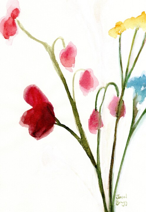 Painting titled "Floral in Crimson" by Janel Bragg, Original Artwork, Watercolor
