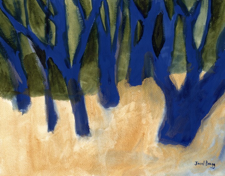 Peinture intitulée "Blue Trees with Car…" par Janel Bragg, Œuvre d'art originale, Aquarelle