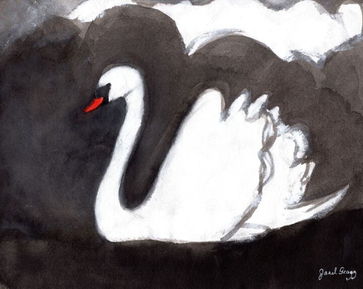 Malerei mit dem Titel "Swan on Stormy Lake…" von Janel Bragg, Original-Kunstwerk, Aquarell