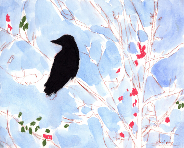 Malerei mit dem Titel "Crow on R Avenue" von Janel Bragg, Original-Kunstwerk, Aquarell