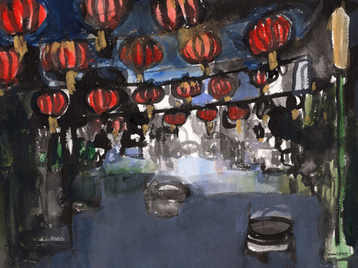 Ζωγραφική με τίτλο "Chinatown" από Janel Bragg, Αυθεντικά έργα τέχνης, Ακουαρέλα