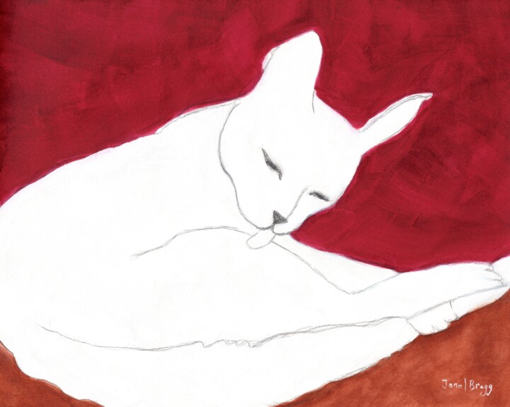 Pintura intitulada "White Cat with Russ…" por Janel Bragg, Obras de arte originais, Aquarela