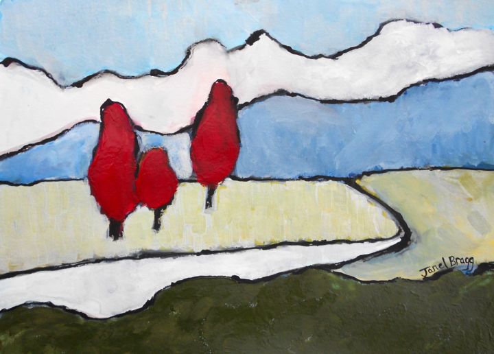 Painting titled "Three Red Trees Lan…" by Janel Bragg, Original Artwork, Oil