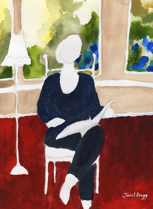 Painting titled "Mother Reading" by Janel Bragg, Original Artwork, Watercolor