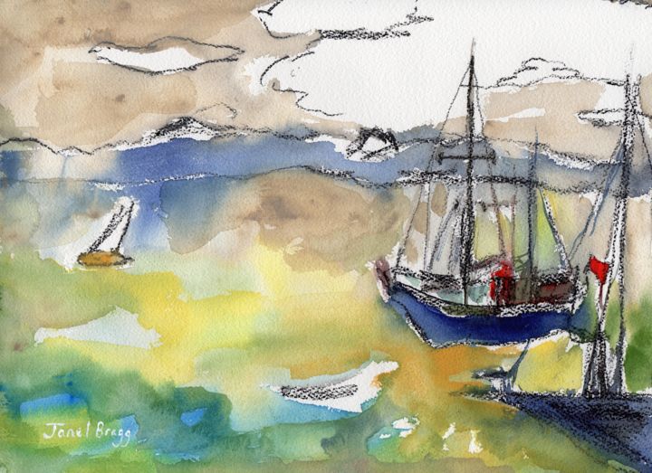 Pittura intitolato "Sailboats in Port T…" da Janel Bragg, Opera d'arte originale, Acquarello