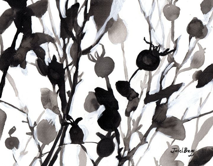 Painting titled "Rose Hips in Ink an…" by Janel Bragg, Original Artwork, Ink