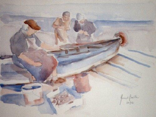 Painting titled "fishermen at work" by Janet Butler, Original Artwork, Oil