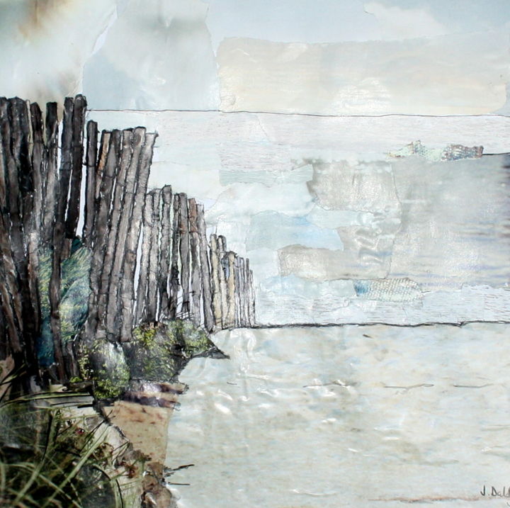 Collages titled "Serignan Plage #1" by Janet Daldy, Original Artwork, Collages Mounted on Cardboard