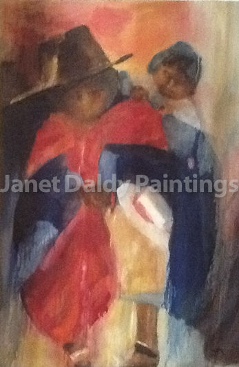 Painting titled "Peruvian Mother and…" by Janet Daldy, Original Artwork, Oil