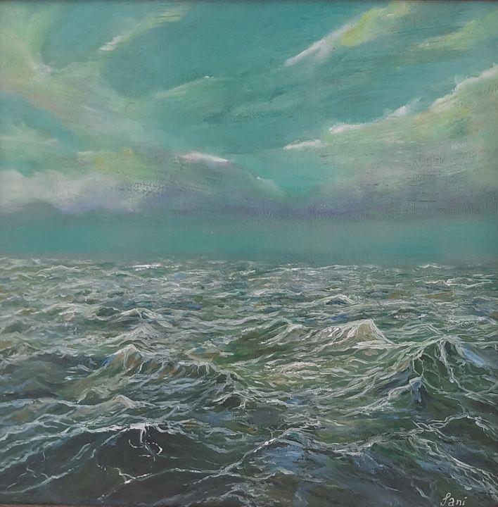 Malerei mit dem Titel "Stormy ocean" von Jani Rossouw, Original-Kunstwerk, Öl