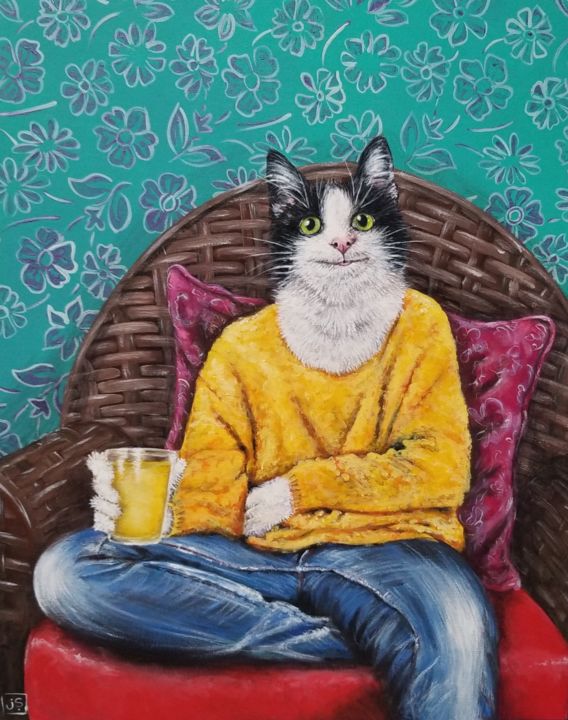 Peinture intitulée "Momo the cat drinki…" par Janice Serilla, Œuvre d'art originale, Acrylique