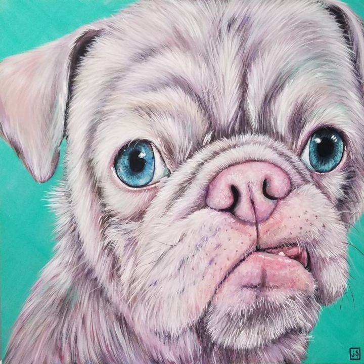 Pittura intitolato "Obie the pug" da Janice Serilla, Opera d'arte originale, Acrilico Montato su Telaio per barella in legno