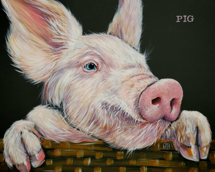 Painting titled "Pig" by Janice Serilla, Original Artwork, Acrylic Mounted on Wood Stretcher frame