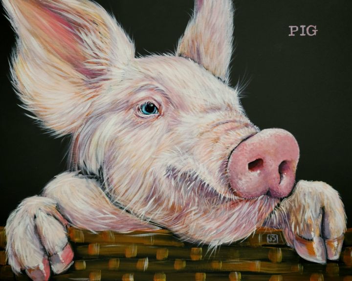 Malerei mit dem Titel "Pig" von Janice Serilla, Original-Kunstwerk, Acryl Auf Keilrahmen aus Holz montiert