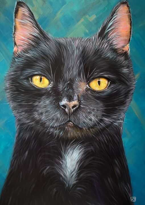 Painting titled "Shelter Black Cat" by Janice Serilla, Original Artwork, Acrylic Mounted on Wood Stretcher frame