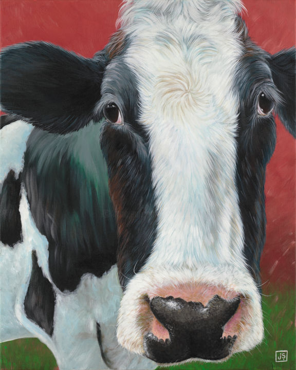 Painting titled "Mooooo cow" by Janice Serilla, Original Artwork, Acrylic Mounted on Wood Stretcher frame