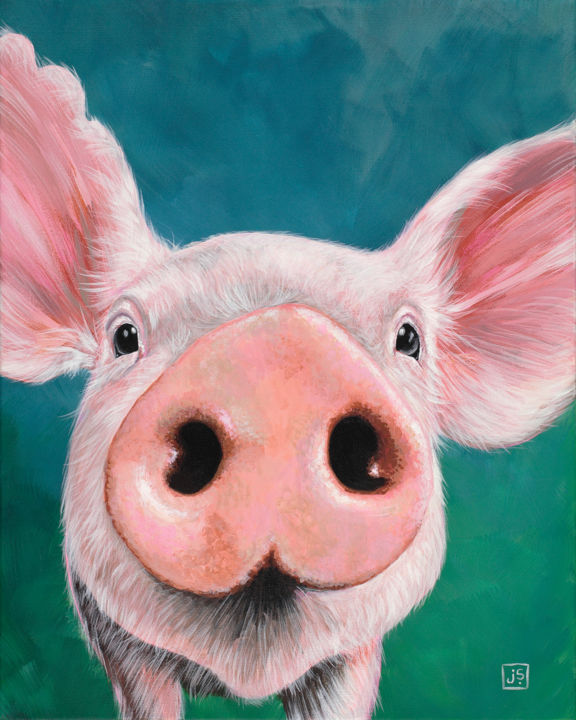 Painting titled "Piggy Piggy" by Janice Serilla, Original Artwork, Acrylic Mounted on Wood Stretcher frame