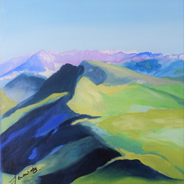 Pintura intitulada "Ma montagne verte." por Janie B., Obras de arte originais, Óleo Montado em Armação em madeira