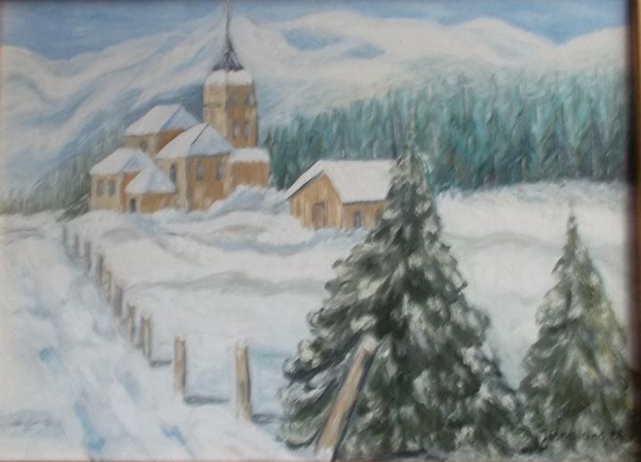 Painting titled "Village dans les Ba…" by Janina Bouland, Original Artwork, Oil