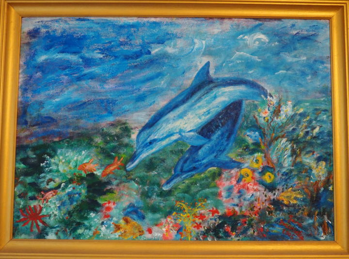 Malarstwo zatytułowany „Dolphins and the na…” autorstwa Janina Krasnicka, Oryginalna praca, Akryl