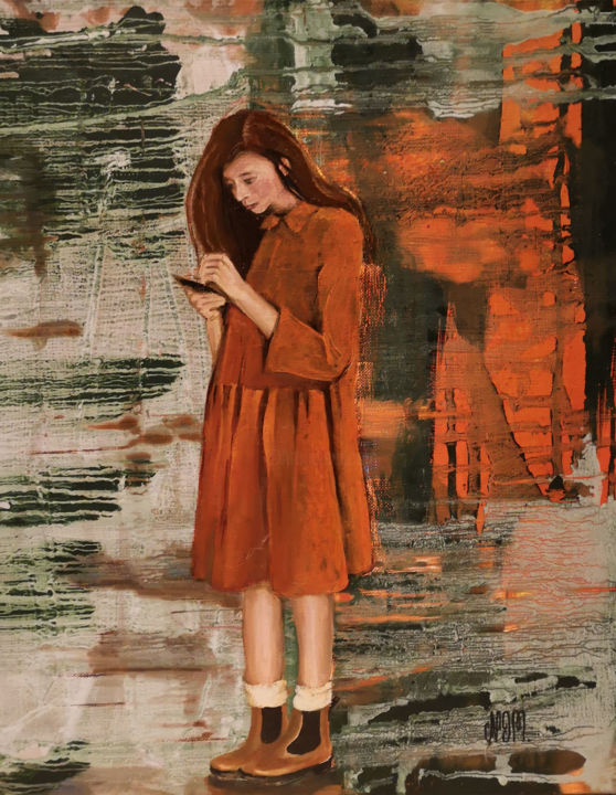 Peinture intitulée "Fille connexion" par Janine Mary, Œuvre d'art originale, Huile