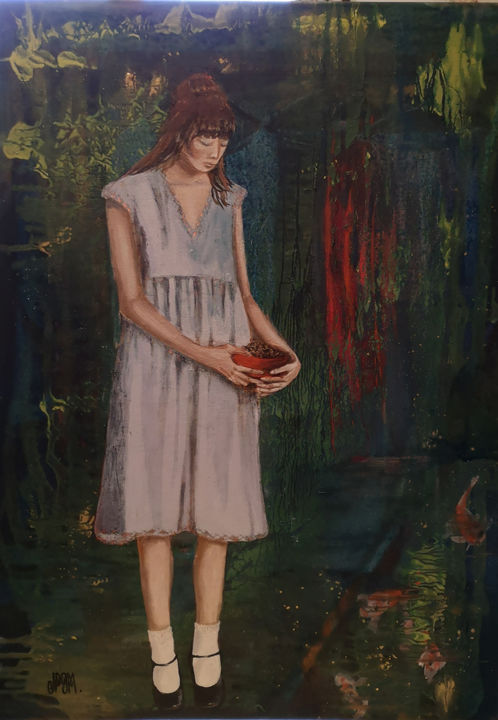 Pittura intitolato "poissons-rouges-70x…" da Janine Mary, Opera d'arte originale, Olio