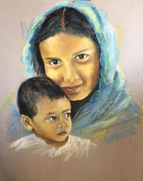 Peinture intitulée "jeune maman" par Janine Chetivet, Œuvre d'art originale, Pastel