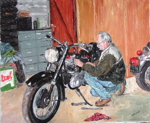 Peinture intitulée "joel-et-ses-motos-2…" par Janine Le Cann, Œuvre d'art originale