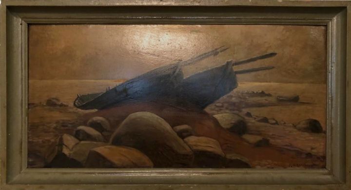 Malerei mit dem Titel "Two Row Boats" von Janis Krastins, Original-Kunstwerk, Öl