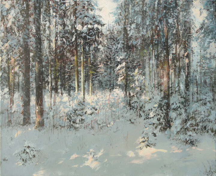 Painting titled "Fir Forest in Winter" by Janis Zingitis, Original Artwork, Acrylic