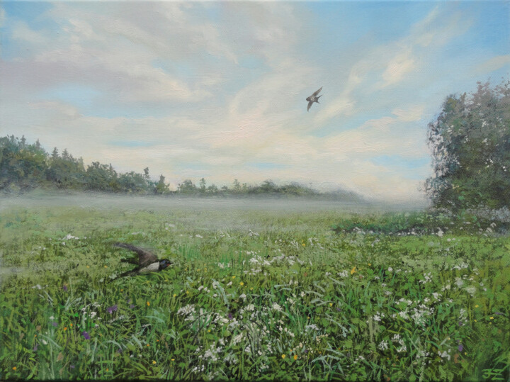 Schilderij getiteld "Meadow After Rain" door Janis Zingitis, Origineel Kunstwerk, Olie