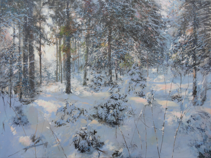 Schilderij getiteld "Winter in Forest" door Janis Zingitis, Origineel Kunstwerk, Acryl