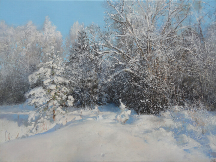 Painting titled "First Snow / Pirmai…" by Janis Zingitis, Original Artwork, Oil Mounted on Wood Stretcher frame
