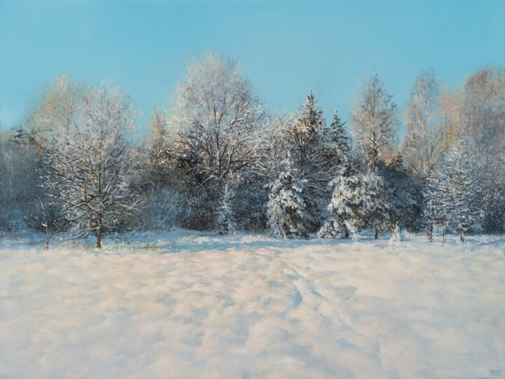 Painting titled "Winter Morning. For…" by Janis Zingitis, Original Artwork, Oil Mounted on Wood Stretcher frame