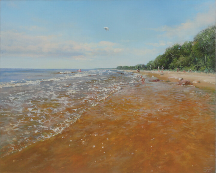Painting titled "The Baltic Sea in J…" by Janis Zingitis, Original Artwork, Oil Mounted on Wood Stretcher frame