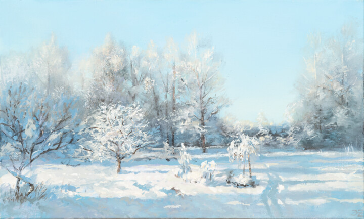 Painting titled "Garden in Winter" by Janis Zingitis, Original Artwork, Oil Mounted on Wood Stretcher frame