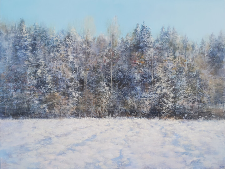 Schilderij getiteld "Forest Side, Early…" door Janis Zingitis, Origineel Kunstwerk, Olie Gemonteerd op Frame voor houten bra…