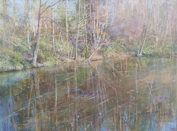 Painting titled "Lake Side in Spring" by Janis Zingitis, Original Artwork, Acrylic Mounted on Wood Stretcher frame