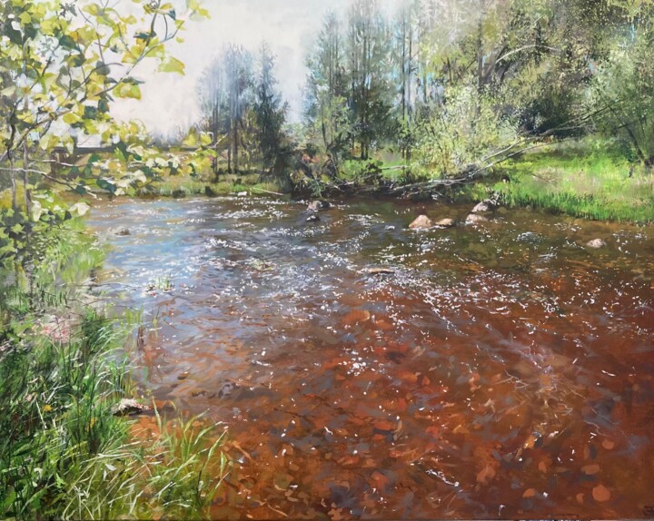 Painting titled "Amata River in Spri…" by Janis Zingitis, Original Artwork, Oil Mounted on Wood Stretcher frame