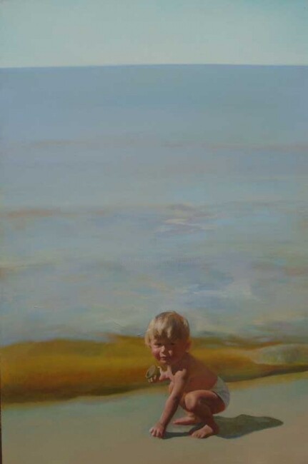 Painting titled "Child and Sea" by Janis Zingitis, Original Artwork, Oil